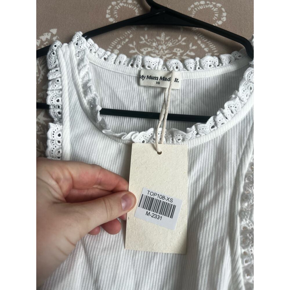 NWT My Mum Made It Ribbed Lace Trim Tank Top in White - Picture 4 of 5